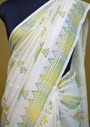 Off White Katan on Hand Block Discharge Print Pure Silk Saree