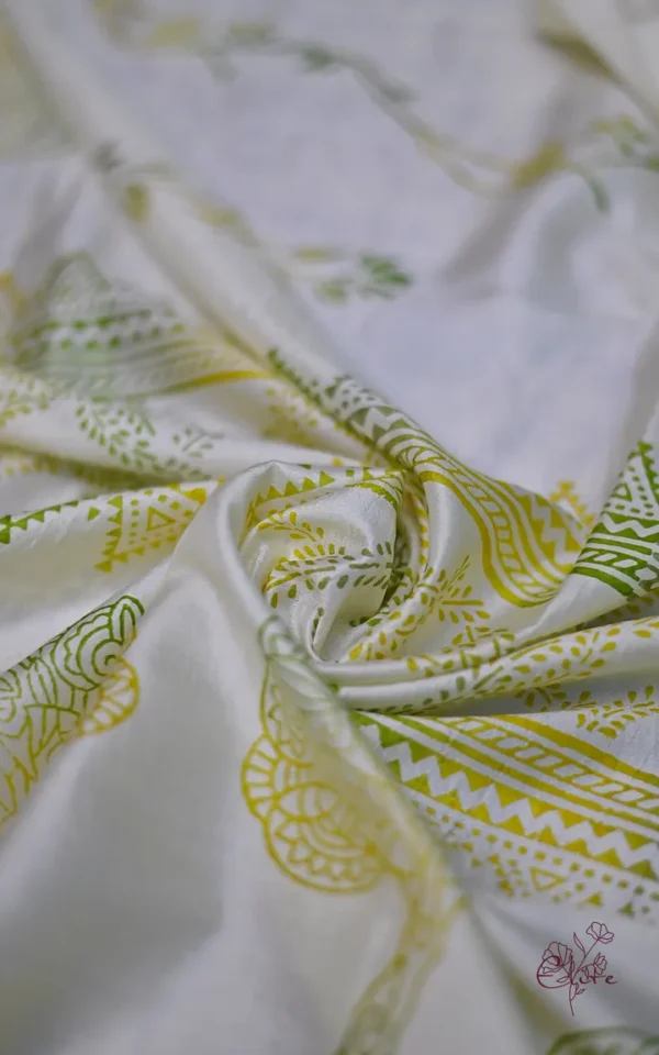 Off White Katan on Hand Block Discharge Print Pure Silk Saree