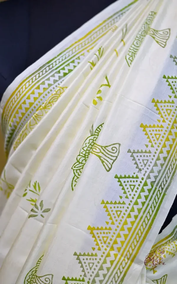 Off White Katan on Hand Block Discharge Print Pure Silk Saree