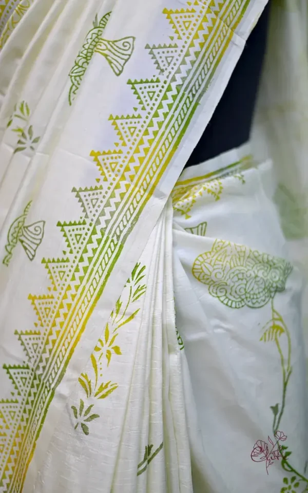 Off White Katan on Hand Block Discharge Print Pure Silk Saree