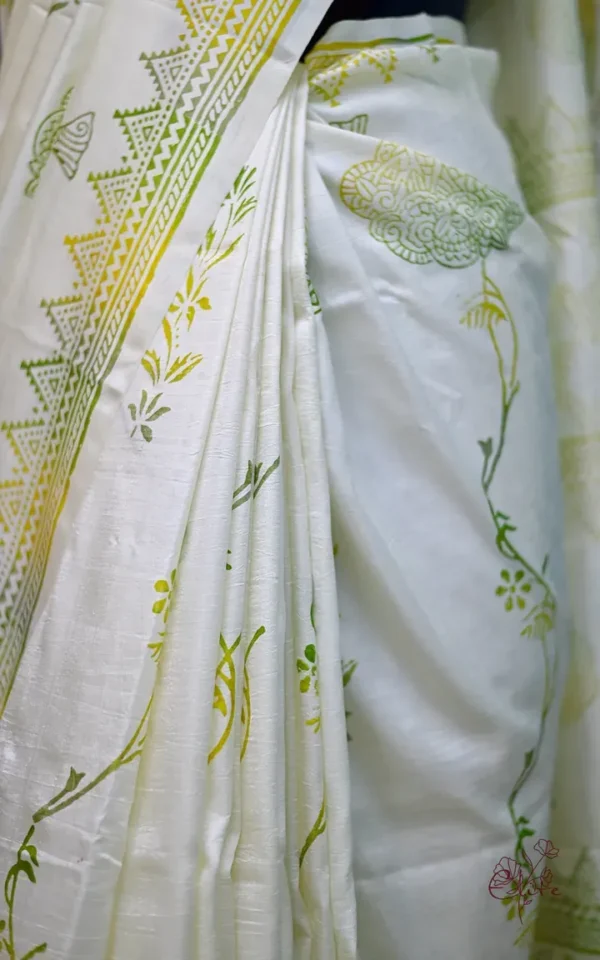 Off White Katan on Hand Block Discharge Print Pure Silk Saree