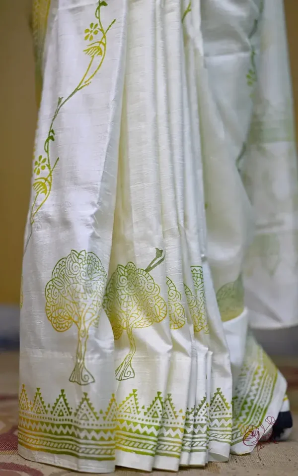 Off White Katan on Hand Block Discharge Print Pure Silk Saree