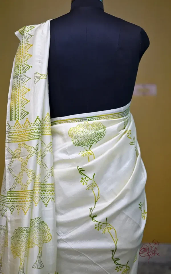 Off White Katan on Hand Block Discharge Print Pure Silk Saree