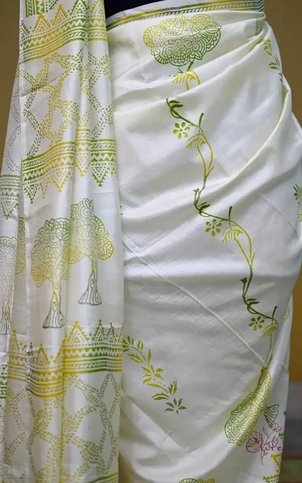 Off White Katan on Hand Block Discharge Print Pure Silk Saree