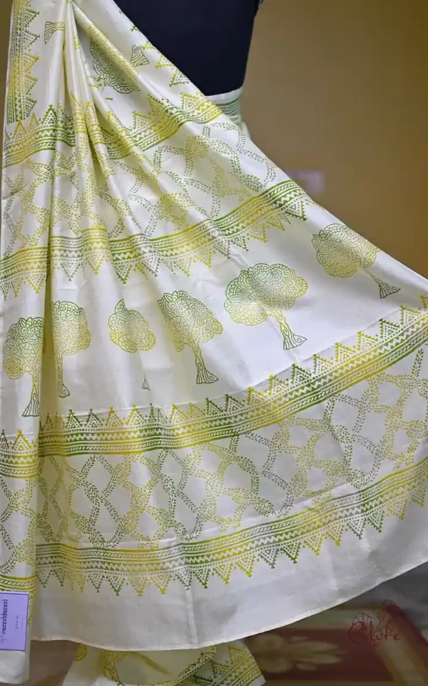 Off White Katan on Hand Block Discharge Print Pure Silk Saree