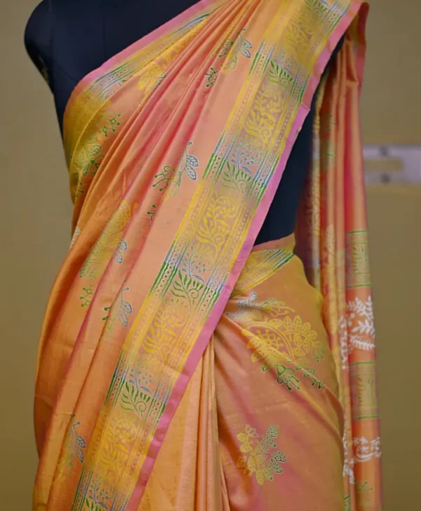Pink Yellow Dual Tone Katan on Hand Block Discharge Print Pure Silk Saree