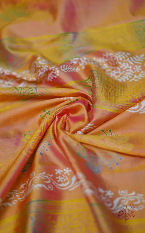 Pink Yellow Dual Tone Katan on Hand Block Discharge Print Pure Silk Saree