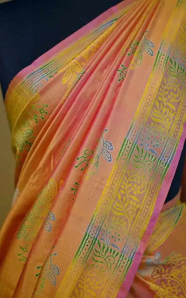 Pink Yellow Dual Tone Katan on Hand Block Discharge Print Pure Silk Saree