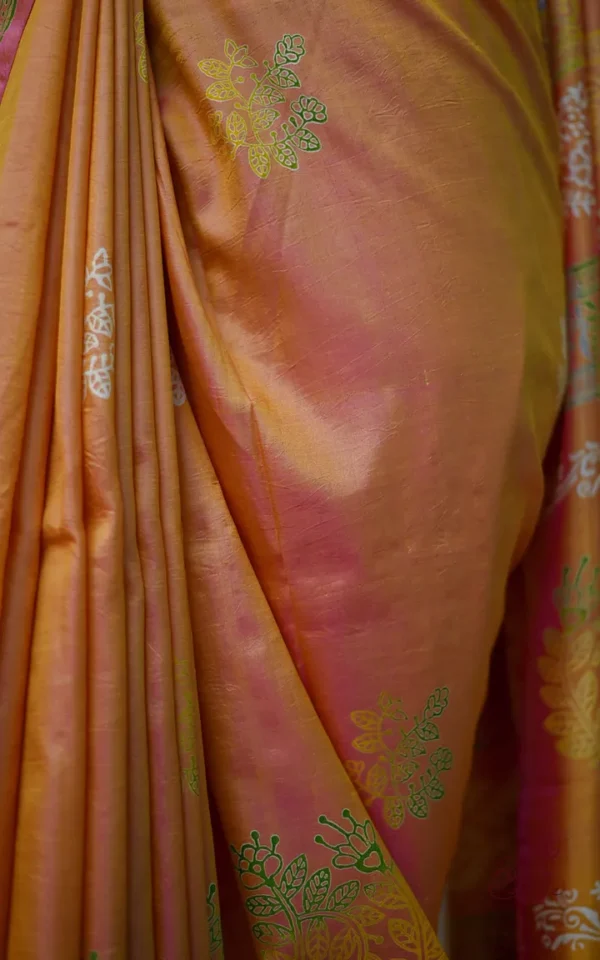 Pink Yellow Dual Tone Katan on Hand Block Discharge Print Pure Silk Saree