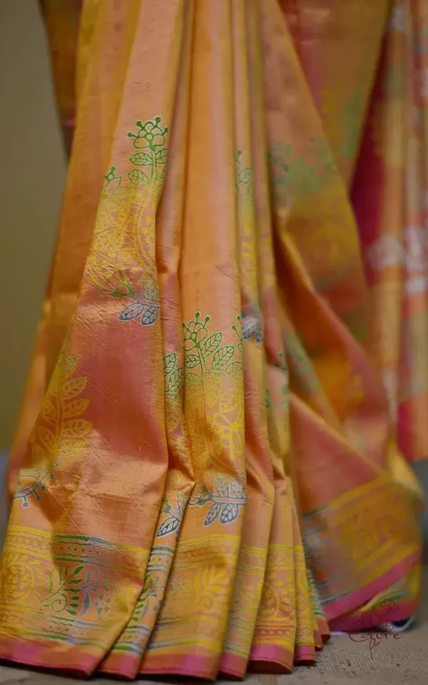 Pink Yellow Dual Tone Katan on Hand Block Discharge Print Pure Silk Saree