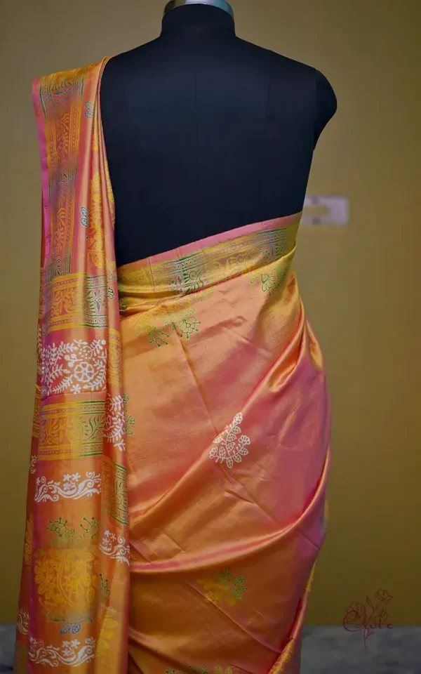 Pink Yellow Dual Tone Katan on Hand Block Discharge Print Pure Silk Saree