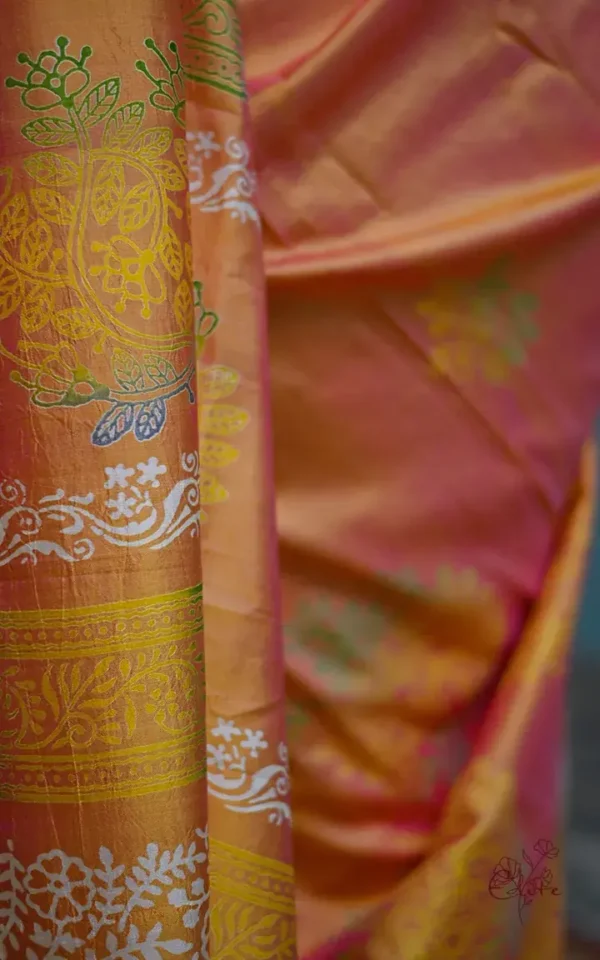 Pink Yellow Dual Tone Katan on Hand Block Discharge Print Pure Silk Saree