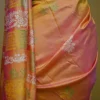 Pink Yellow Dual Tone Katan on Hand Block Discharge Print Pure Silk Saree