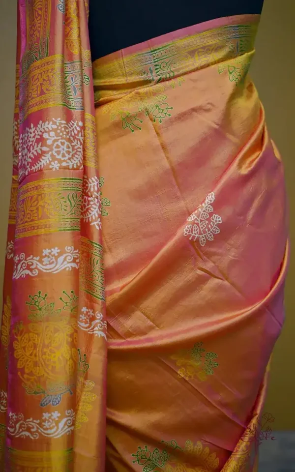Pink Yellow Dual Tone Katan on Hand Block Discharge Print Pure Silk Saree
