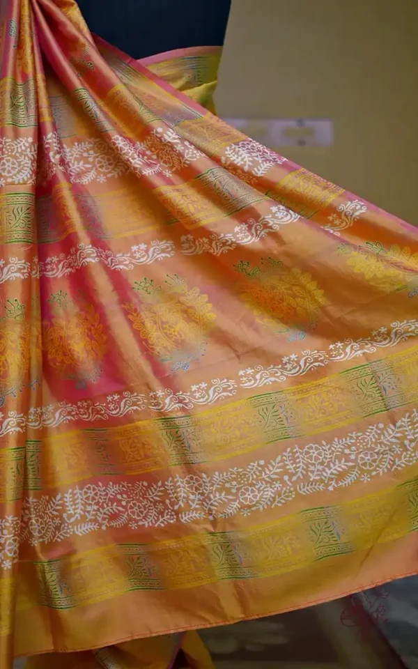 Pink Yellow Dual Tone Katan on Hand Block Discharge Print Pure Silk Saree