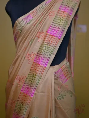 Biscuit Katan on Hand Block Discharge Print Pure Silk Saree