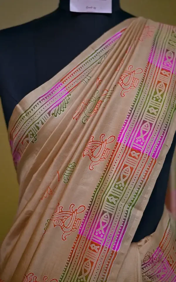 Biscuit Katan on Hand Block Discharge Print Pure Silk Saree