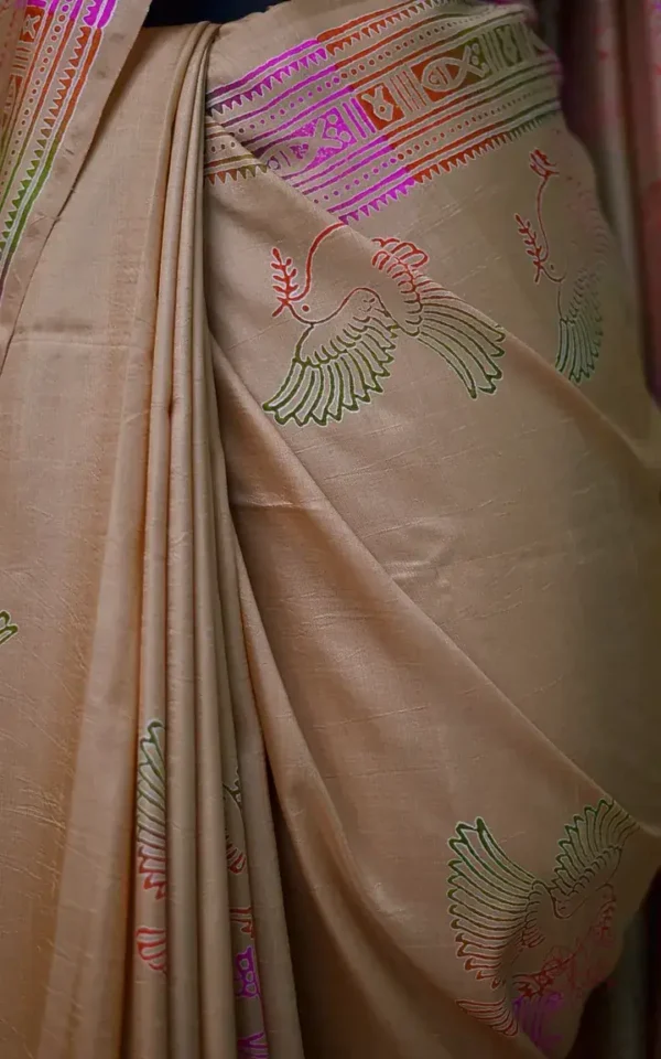 Biscuit Katan on Hand Block Discharge Print Pure Silk Saree