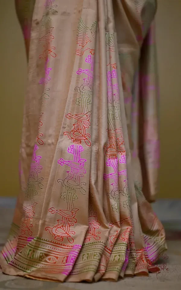 Biscuit Katan on Hand Block Discharge Print Pure Silk Saree