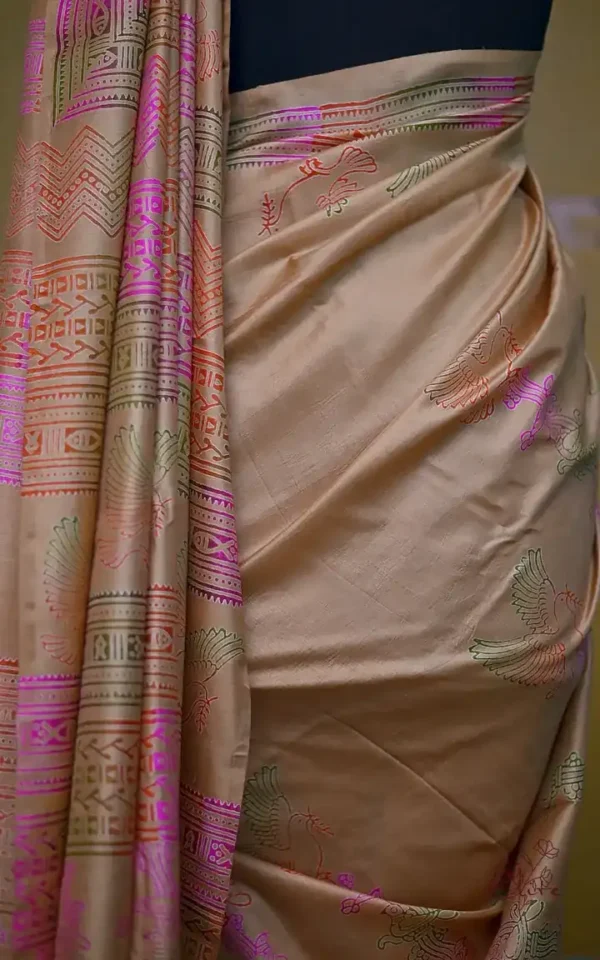 Biscuit Katan on Hand Block Discharge Print Pure Silk Saree