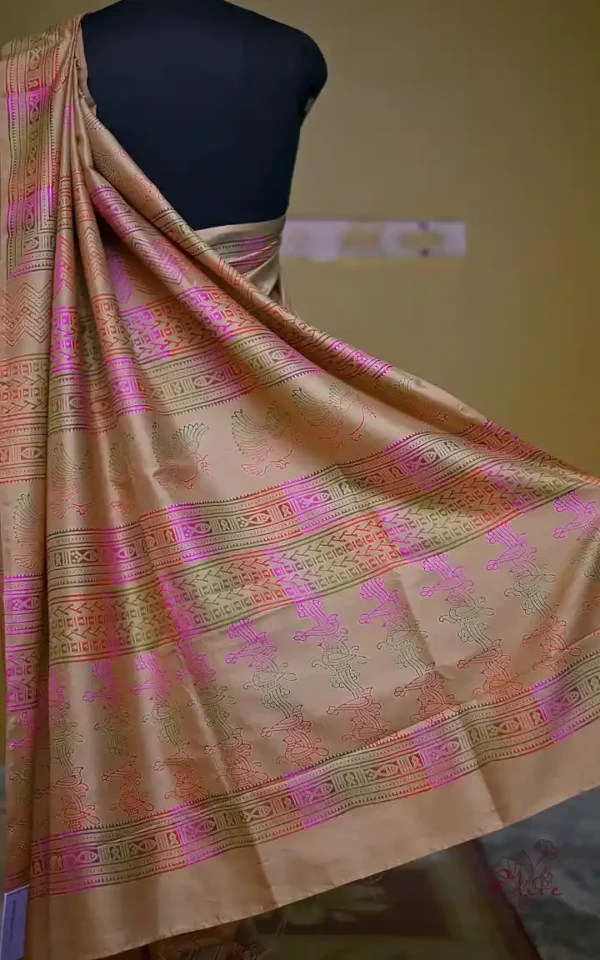 Biscuit Katan on Hand Block Discharge Print Pure Silk Saree