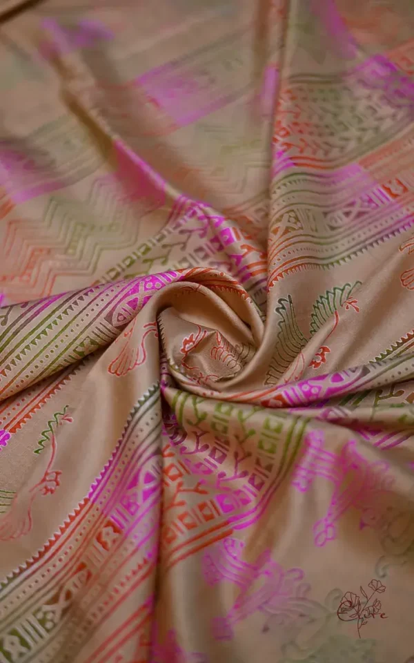Biscuit Katan on Hand Block Discharge Print Pure Silk Saree