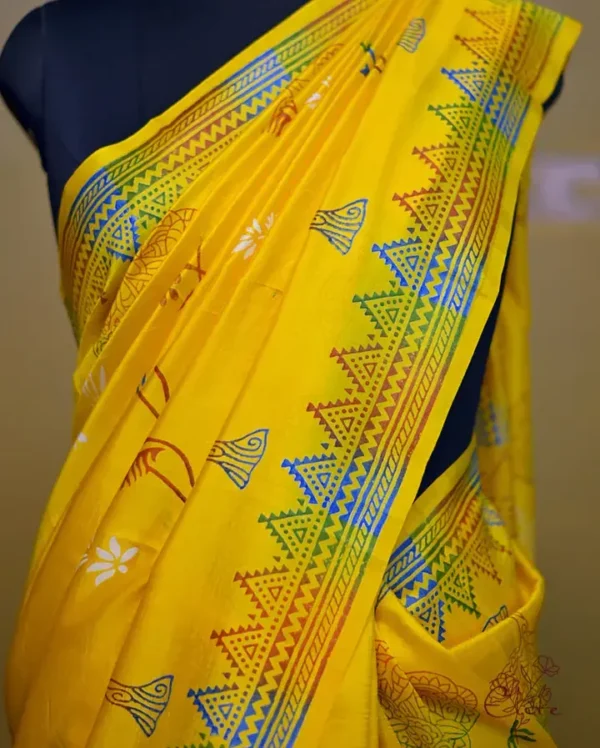Bright Yellow Katan on Hand Block Discharge Print Pure Silk Sare