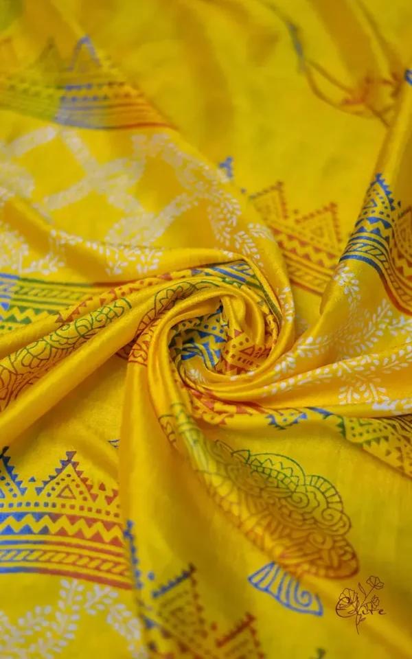 Bright Yellow Katan on Hand Block Discharge Print Pure Silk Sare