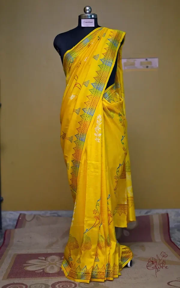 Bright Yellow Katan on Hand Block Discharge Print Pure Silk Sare
