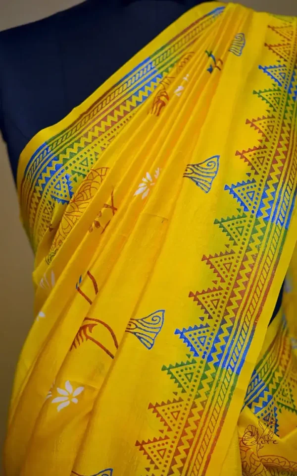 Bright Yellow Katan on Hand Block Discharge Print Pure Silk Sare