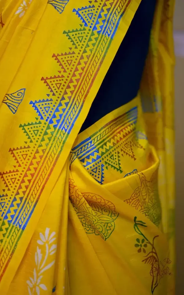 Bright Yellow Katan on Hand Block Discharge Print Pure Silk Sare