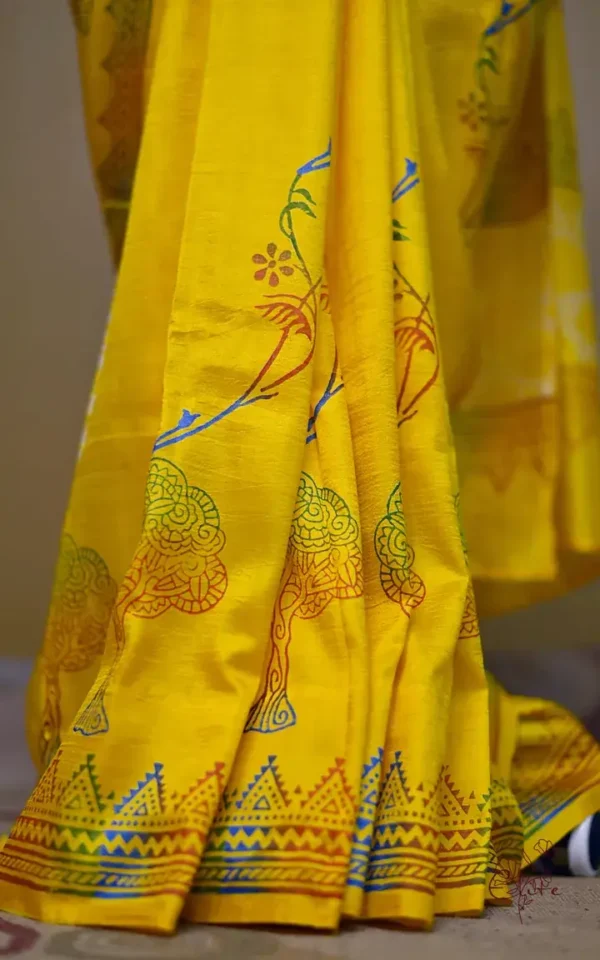 Bright Yellow Katan on Hand Block Discharge Print Pure Silk Sare