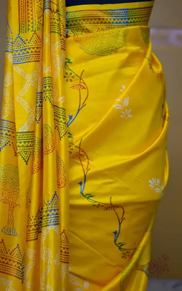 Bright Yellow Katan on Hand Block Discharge Print Pure Silk Sare