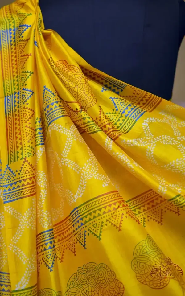 Bright Yellow Katan on Hand Block Discharge Print Pure Silk Sare
