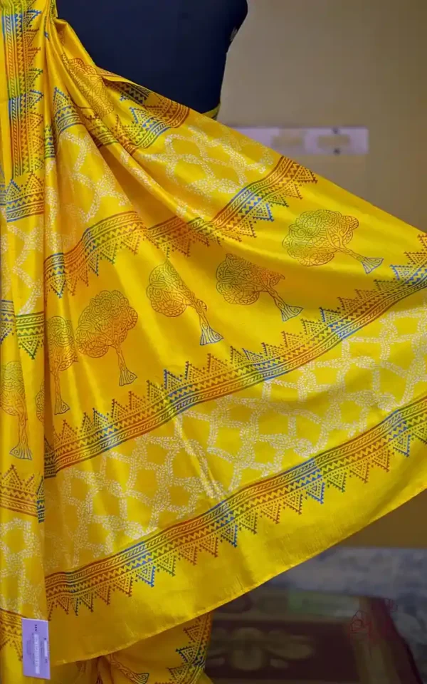 Bright Yellow Katan on Hand Block Discharge Print Pure Silk Sare