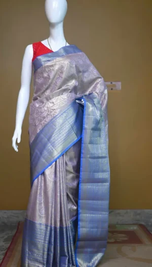 Lavender color with blue border kanjivaram work on Pure silk saree