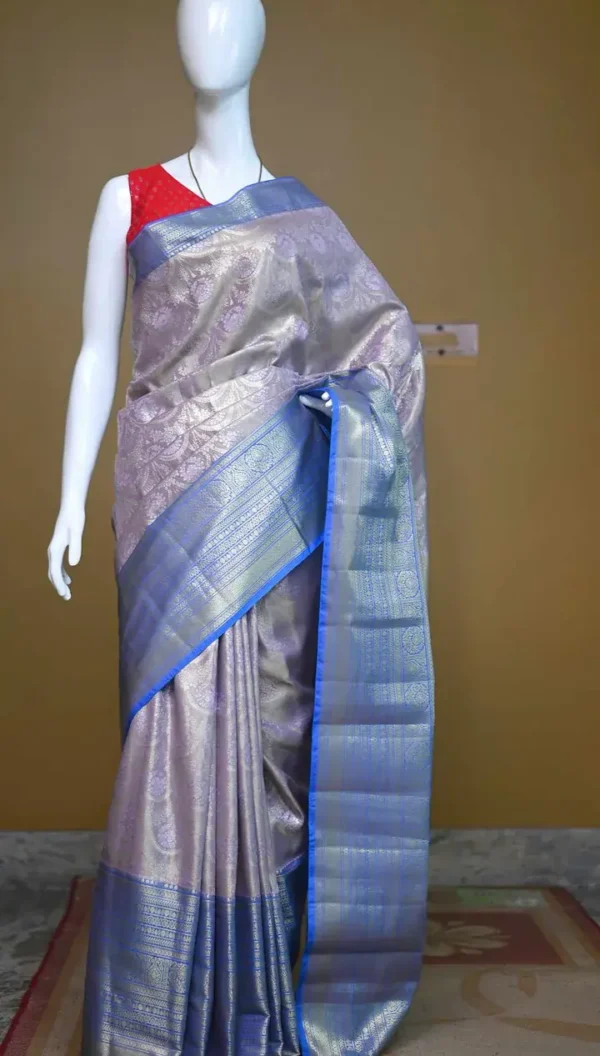 Lavender color with blue border kanjivaram work on Pure silk saree