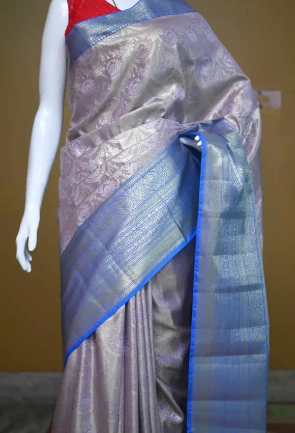 Lavender color with blue border kanjivaram work on Pure silk saree