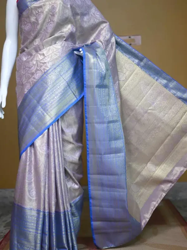 Lavender color with blue border kanjivaram work on Pure silk saree