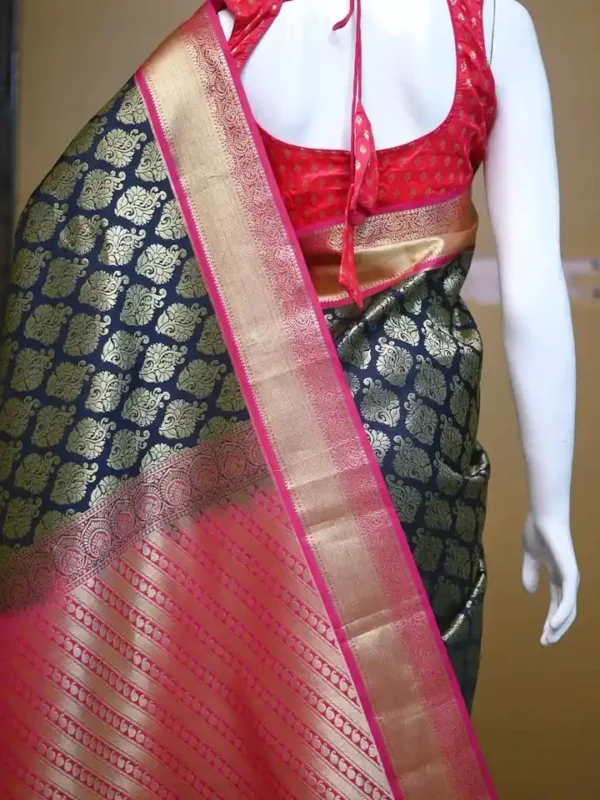 Black color with pink border kanjivaram work on Pure silk saree