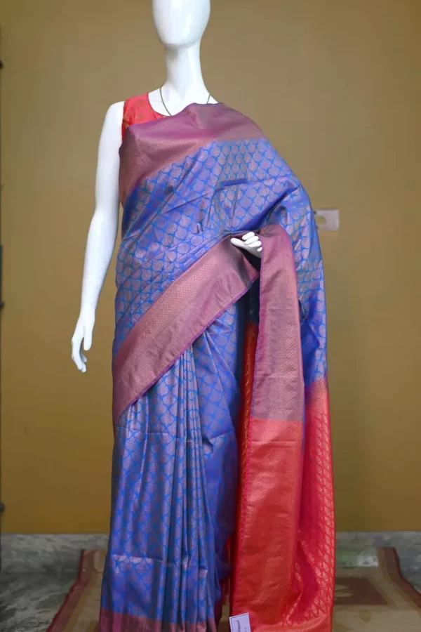 Sky blue color with pink border kanjivaram work on Pure silk saree