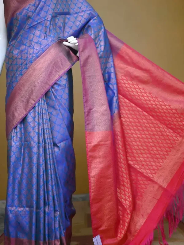 Sky blue color with pink border kanjivaram work on Pure silk saree