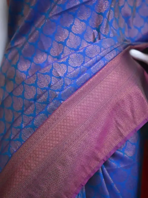 Sky blue color with pink border kanjivaram work on Pure silk saree