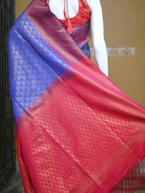 Sky blue color with pink border kanjivaram work on Pure silk saree