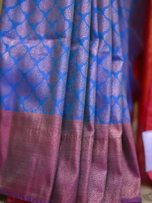 Sky blue color with pink border kanjivaram work on Pure silk saree