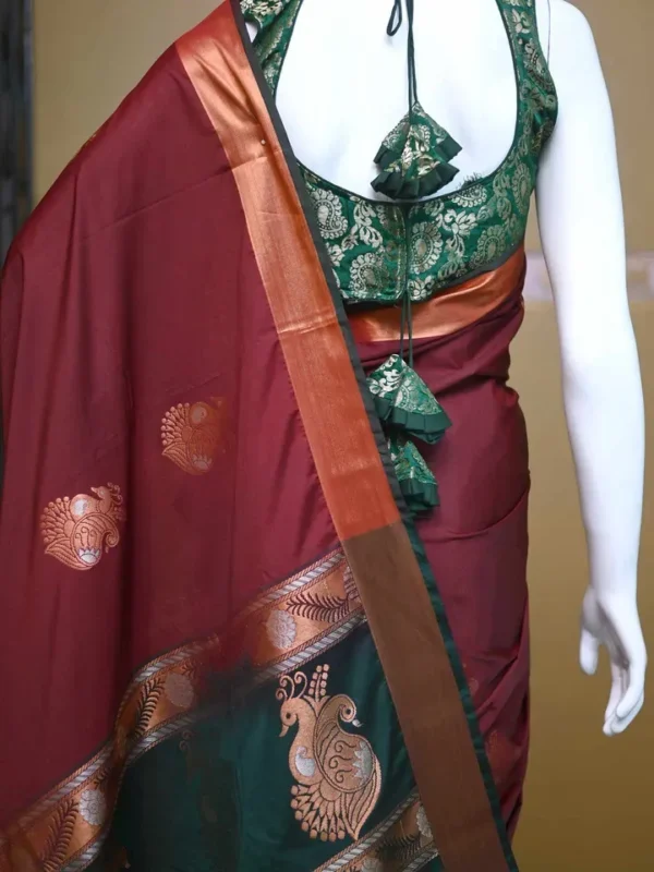 Brown color with green border kanjivaram work on Pure silk saree