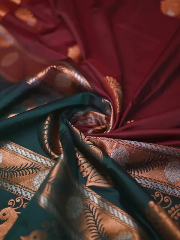 Brown color with green border kanjivaram work on Pure silk saree