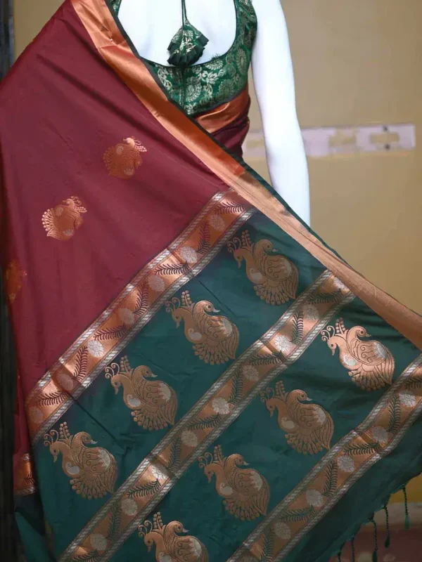 Brown color with green border kanjivaram work on Pure silk saree