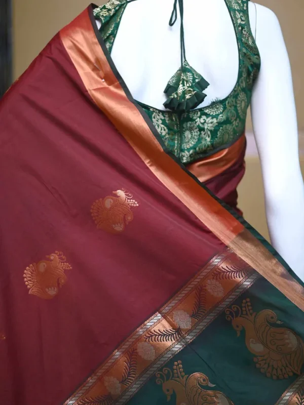 Brown color with green border kanjivaram work on Pure silk saree