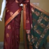 Brown color with green border kanjivaram work on Pure silk saree